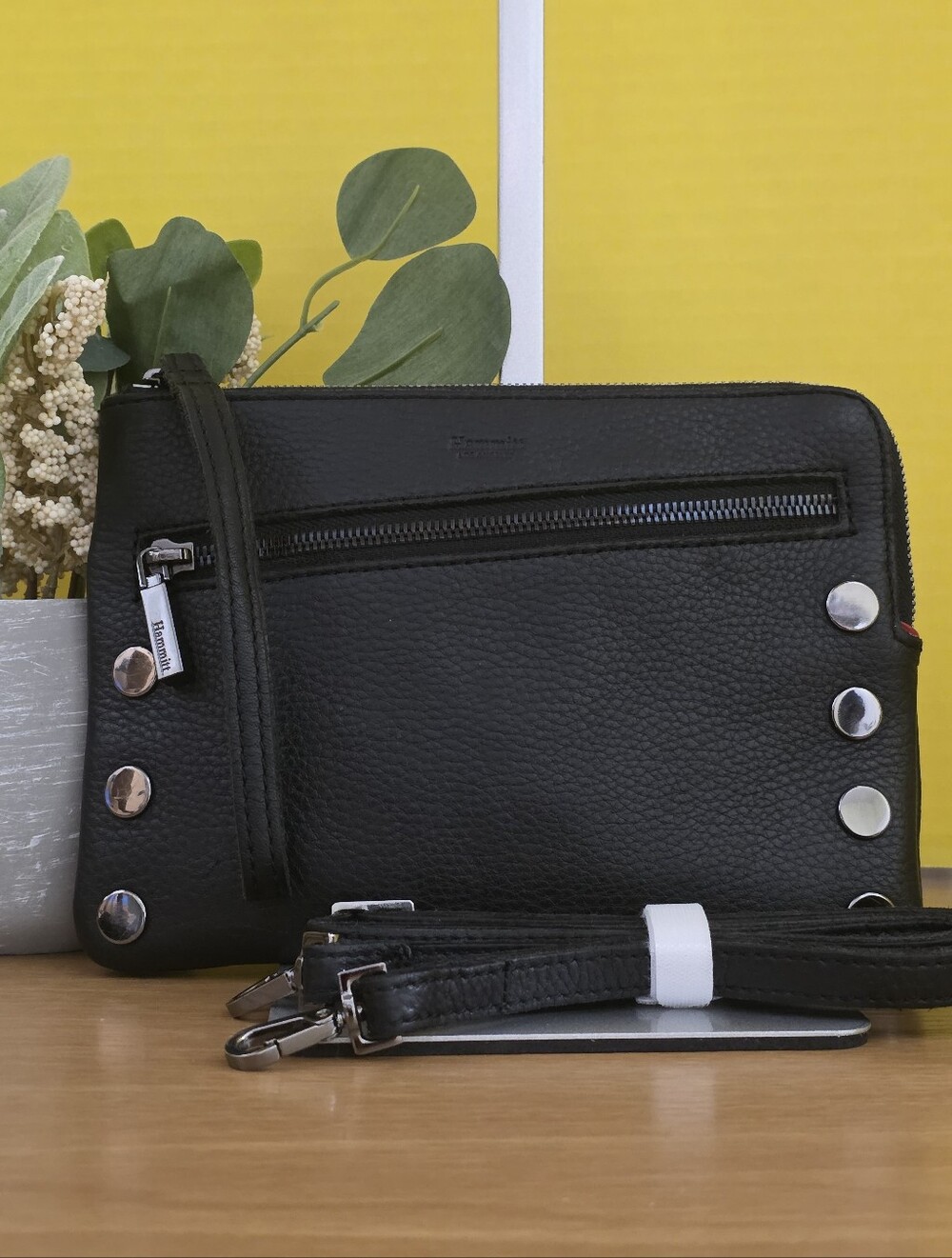 Hammitt Black Leather SM Nash Crossbody Clutch with Stud Accents